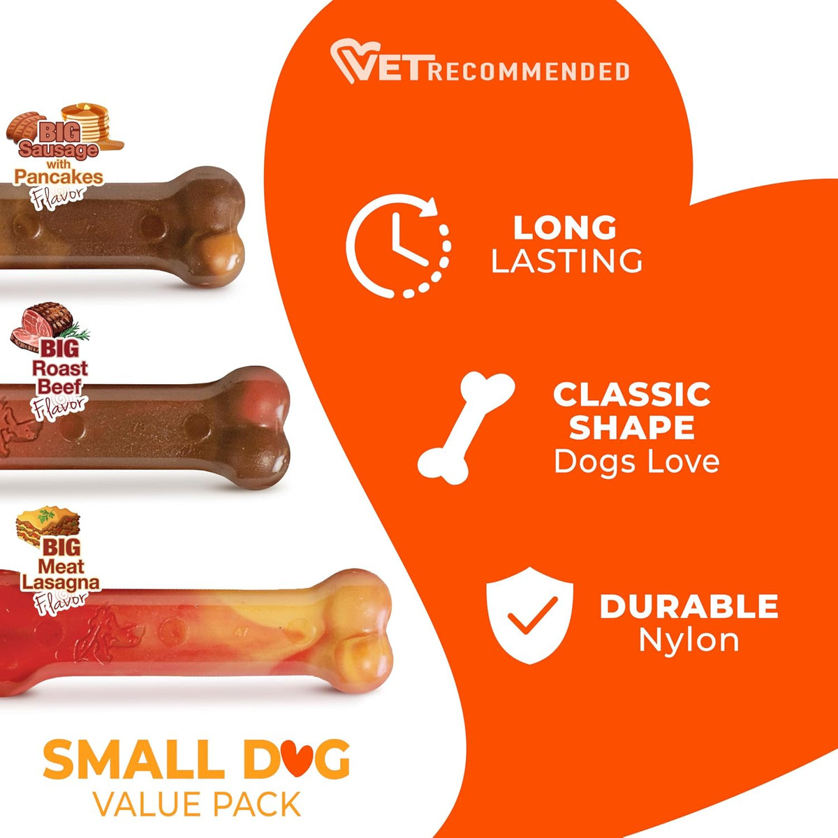 Nylabone Power Chew Original Bone Dog Chew Toys, X-Small, 3 Count | Pancakes & sausage, roast beef, & meat lasagna flavor, durable, long lasting, flavor throughout, for dogs up to 15 lbs