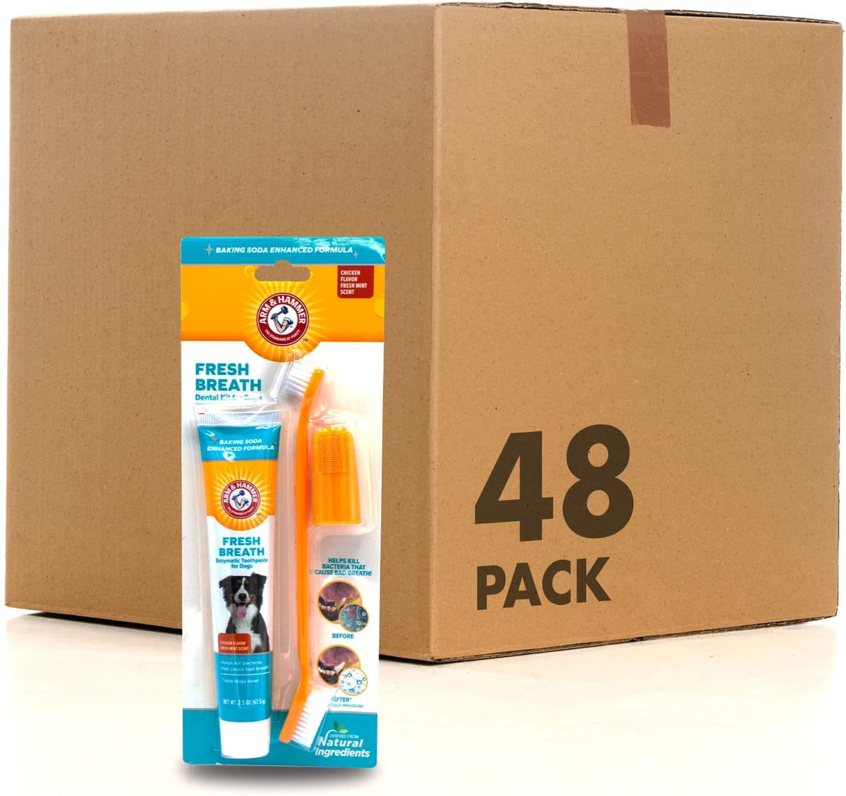 Arm & Hammer Enzymatic Dog Dental Care Kit, Chicken Flavor, 2.5 Oz, 48-Pack | Baking soda toothpaste, poultry flavor, double-sided toothbrush and finger brush included 