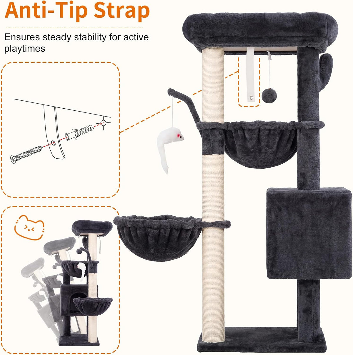 Heybly Cat Tree, 40" Tower with All-Sisal Wrapped Scratching Post HCT006SG