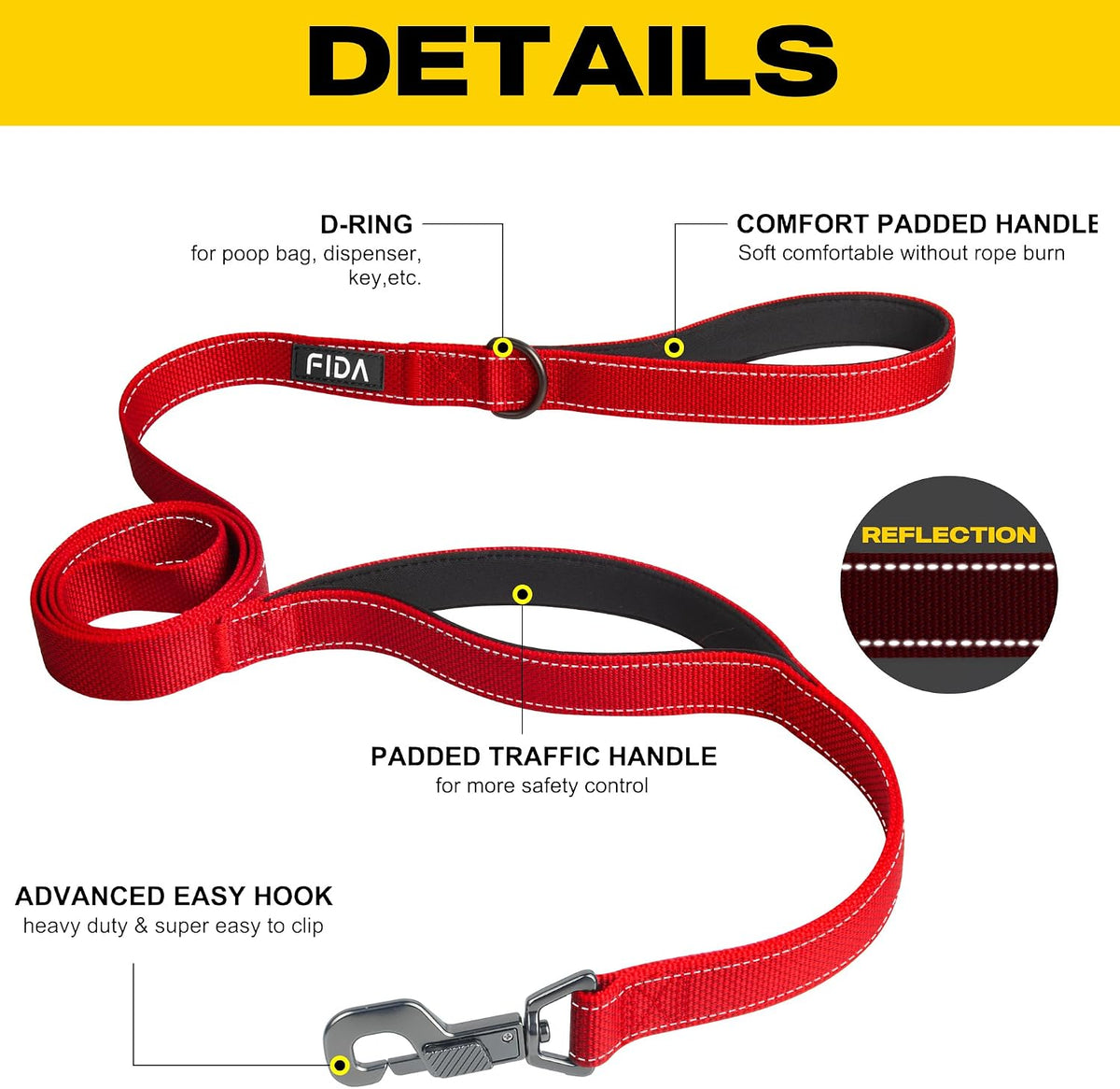 Fida Heavy Duty Dog Leash for Medium Large Dogs, 5 FT, Dual Padded Handles