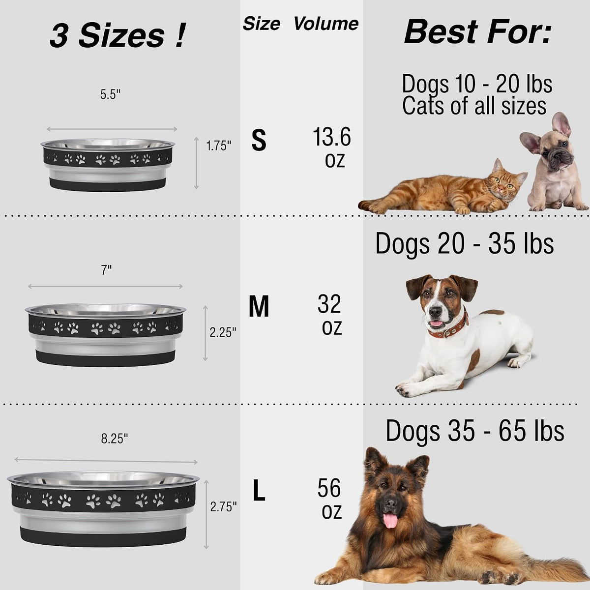 Loving Pets Corsa Dog Bowls- Stainless Steel Dog & Cat Bowls - Spill Proof Dog Food Bowl, Cat Bowl, Puppy Essentials & Pet Supplies Great for Home & Travel (Small 10-20 lbs, Stealth Black)