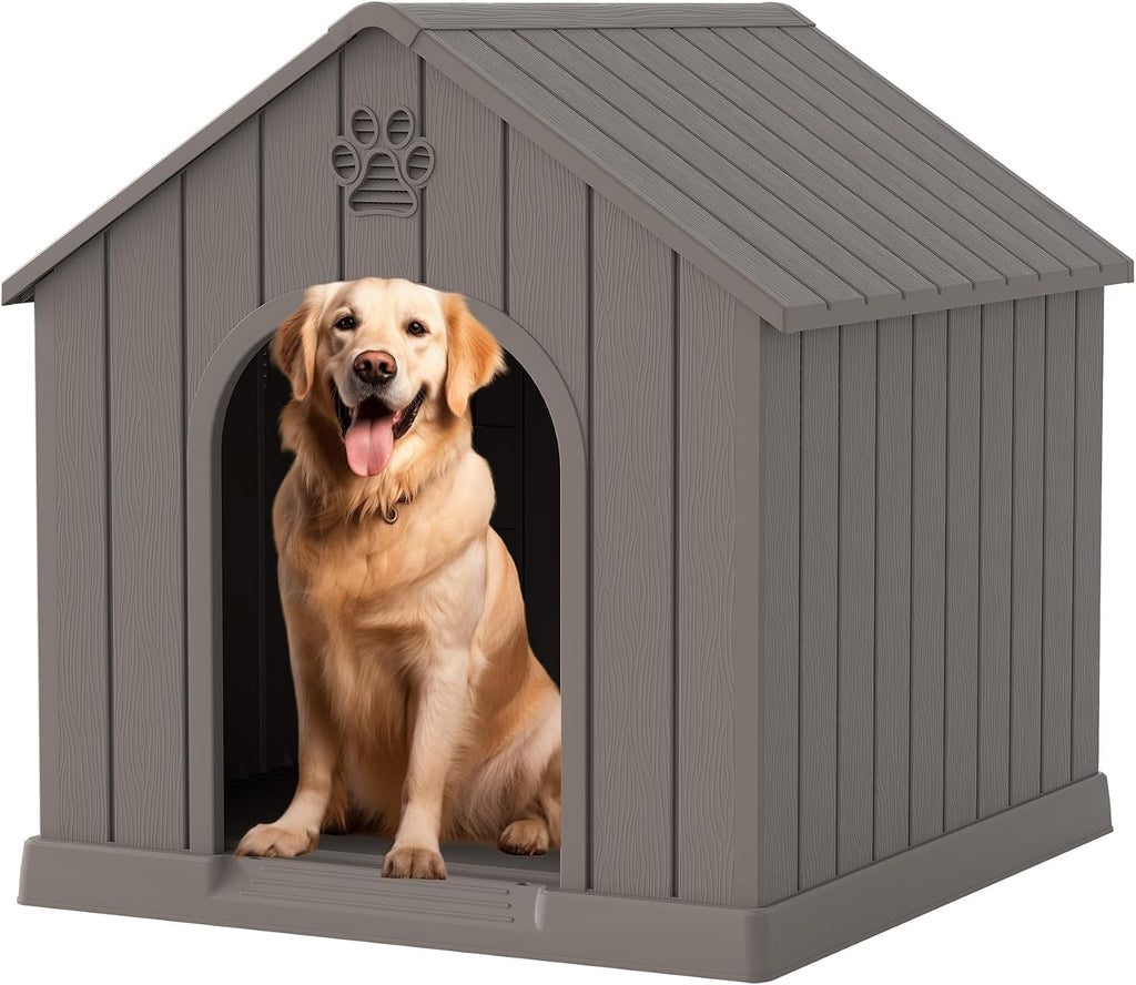 Fancyango Large Dog House Outdoor Indoor for Medium Large Dogs, Sturdy Plastic Waterproof Doghouse with Air Vents and Elevated Floor, Easy Clean and Assemble (Light Grey, 36.2''L×38''W×38''H)
