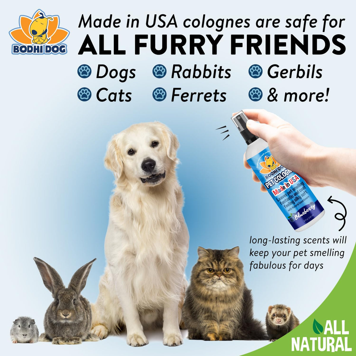 Bodhi Dog Premium Dog Cologne - Deodorizing Dog Perfume & Conditioner for Dogs & Cats - Natural Long Lasting Spray - Keeps Pets Fresh All Day - Gentle & Safe Formula, Made in USA (Blueberry 8 Fl Oz)