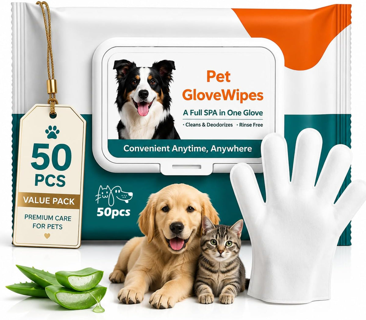 50 Pcs Pet Glove Wipes for Dogs & Cats, Pet Cleaning Gloves
