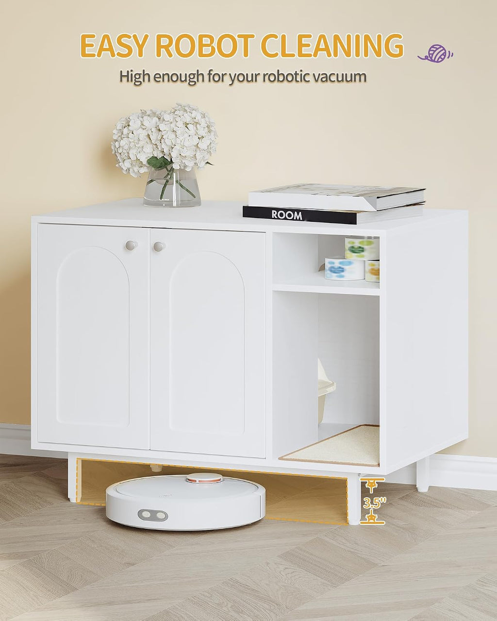 Hzuaneri Cat Litter Box Enclosure, Hidden Litter Box Furniture with Storage | Large Wooden Cabinet with Sisal Mat, Modern Cat Washroom for Living Room, Bedroom, Entryway, White CB01513W