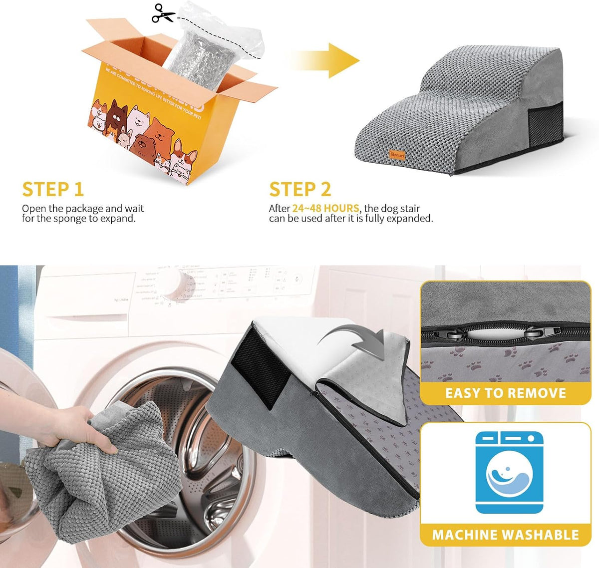 2-Step Dog Stairs for Small Dogs, Non-Slip Foam Pet Steps for Low Couch Bed
