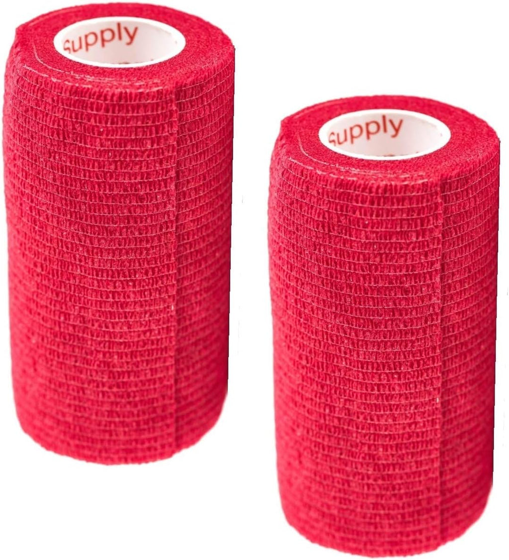 Vet Wrap Tape (Red) (2 Pack) (3 Inch x 15 feet) Self Adhesive Adherent Adhering Cohesive Flex Self Stick Bandage Grip Roll Dog Cat Pet Horse