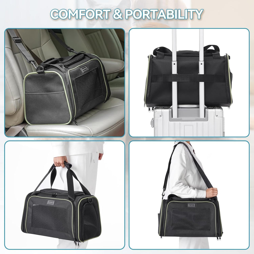 PETSFIT Pet Carrier Airline Approved with Extendable Mat, Dog Carriers for Small Dogs, TSA Approved Pet Carrier, Puppy Carrier for Small and Medium Cats Under 12 Lbs, Black