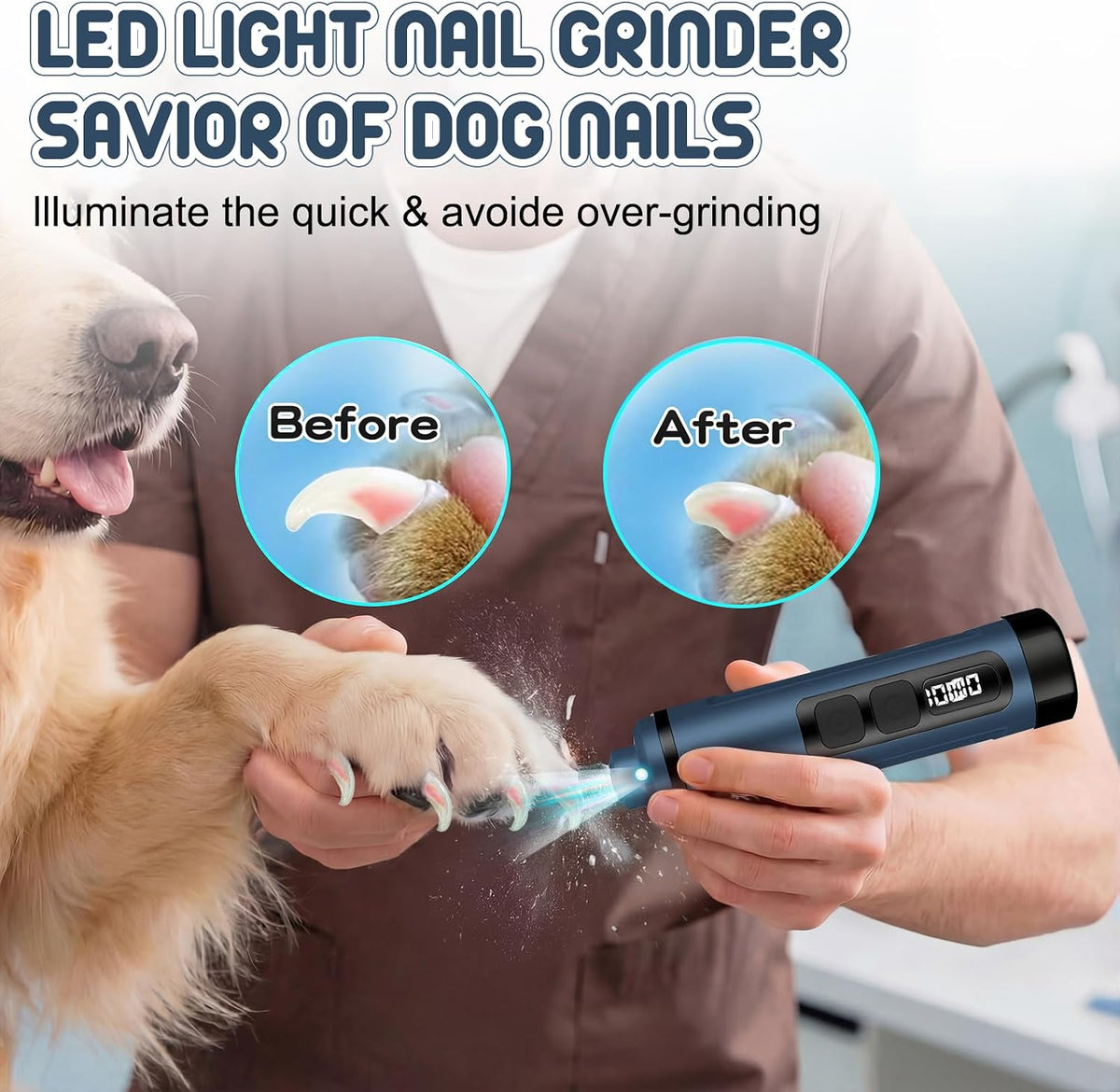 Dog Nail Grinder Electric Powerful 3 Speeds Dog Nail Clippers with Lights Quiet Cat Nail Clipper Painless Care Trimmers Tools for Small Medium Large Dogs and Cats (Blue)