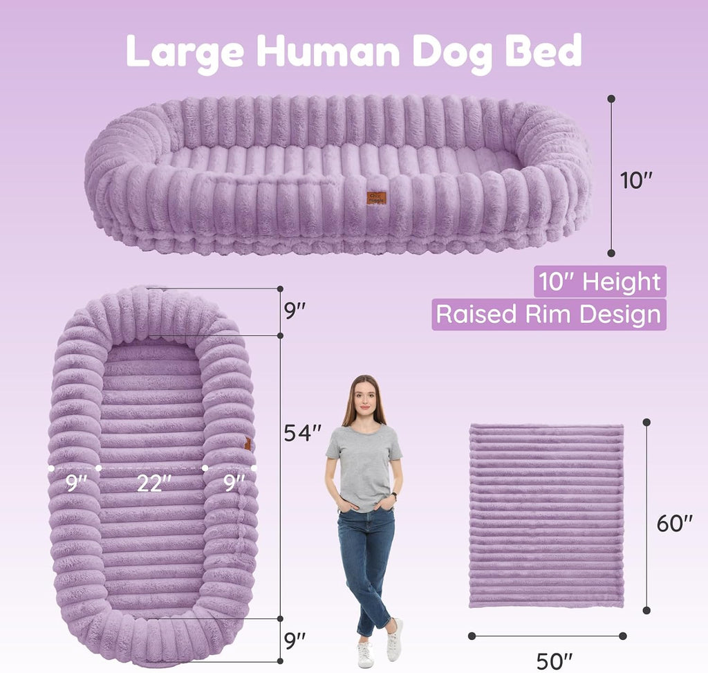 ChiXnuggle Orthopedic Human Dog Bed,Striped Faux Fur Washable Cover,Blanket