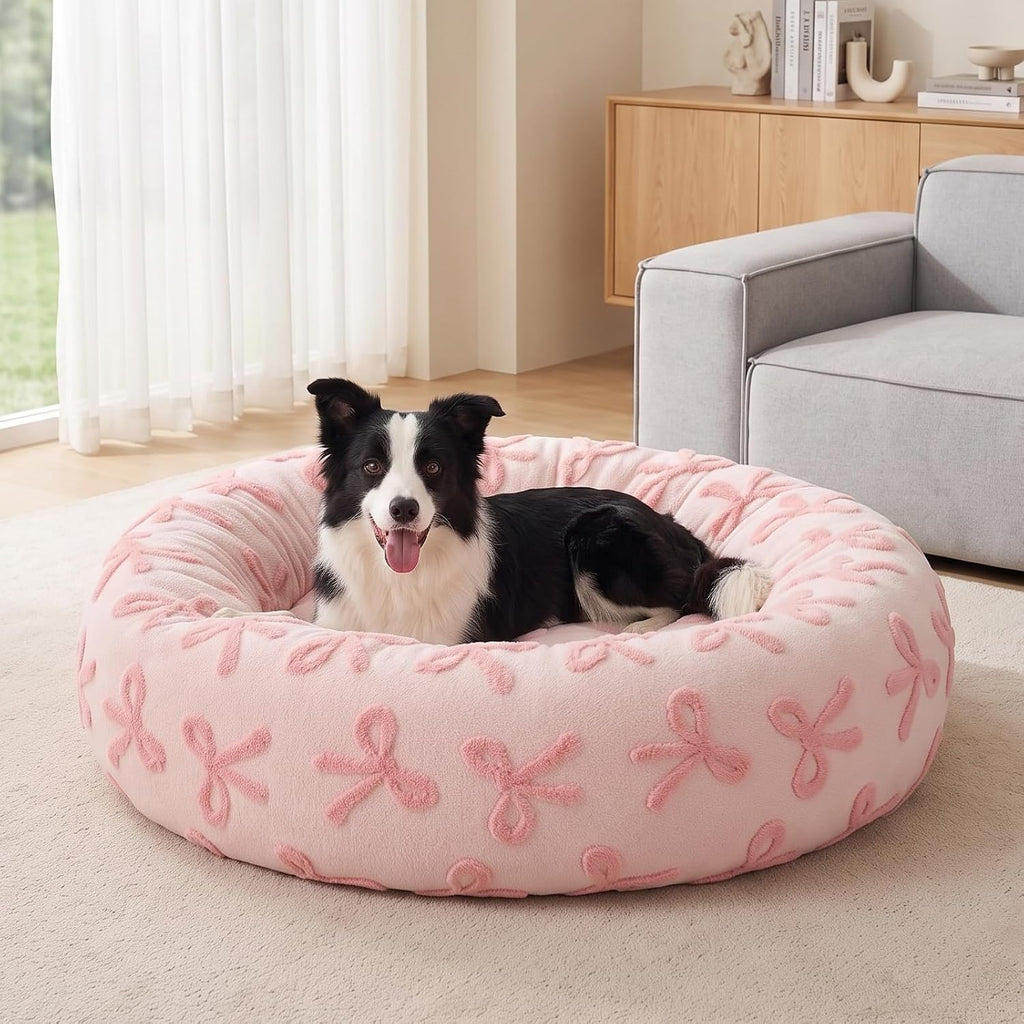 JOEJOY Jacquard Donut Round Small Dog Beds,Pink 23x23x8in, Removable Washable Cover, Cute Pattern, Ultra Soft Fluffy Calming Pet Bed with Thick Supportive Bolster