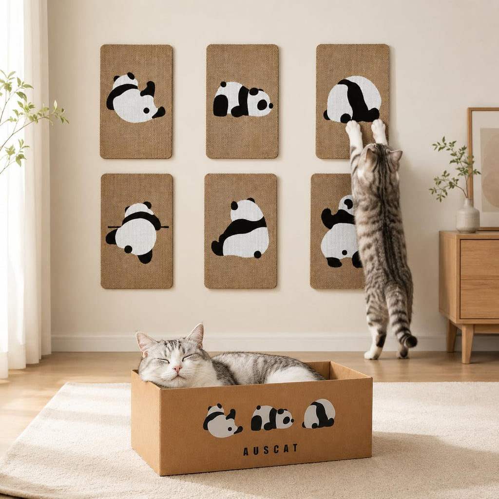 AUSCAT Cardboard Cat Wall Scratcher, 7 cat Scratching Boards with Box, Wall Mounted Cat Scratching Pads for Indoor Cats, Furniture Protector, 14.5" x 9.3", Panda Pattern