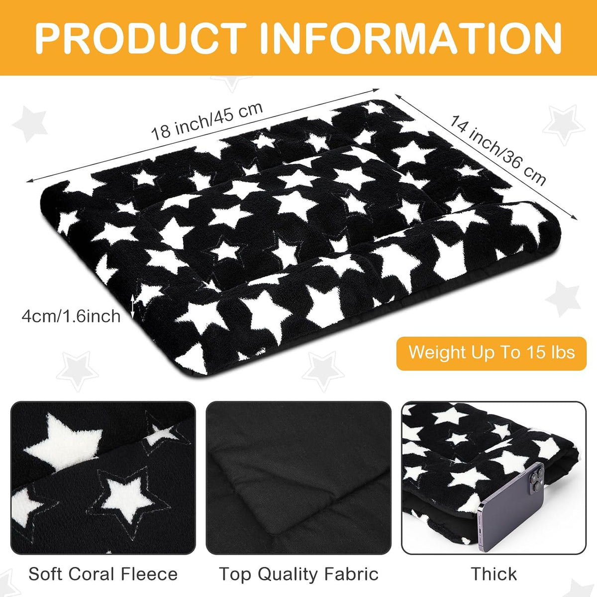 VitalCozy 4 Pcs Dog Crate Pads Soft Warm,18 x 14 x 1.6 Inch,Star,Black