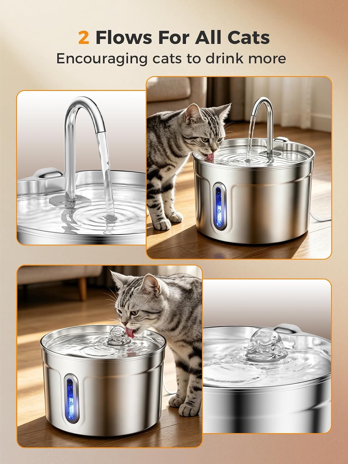 Stainless Steel Cat Water Fountain - 74oz/2.2L Ultra-Silent