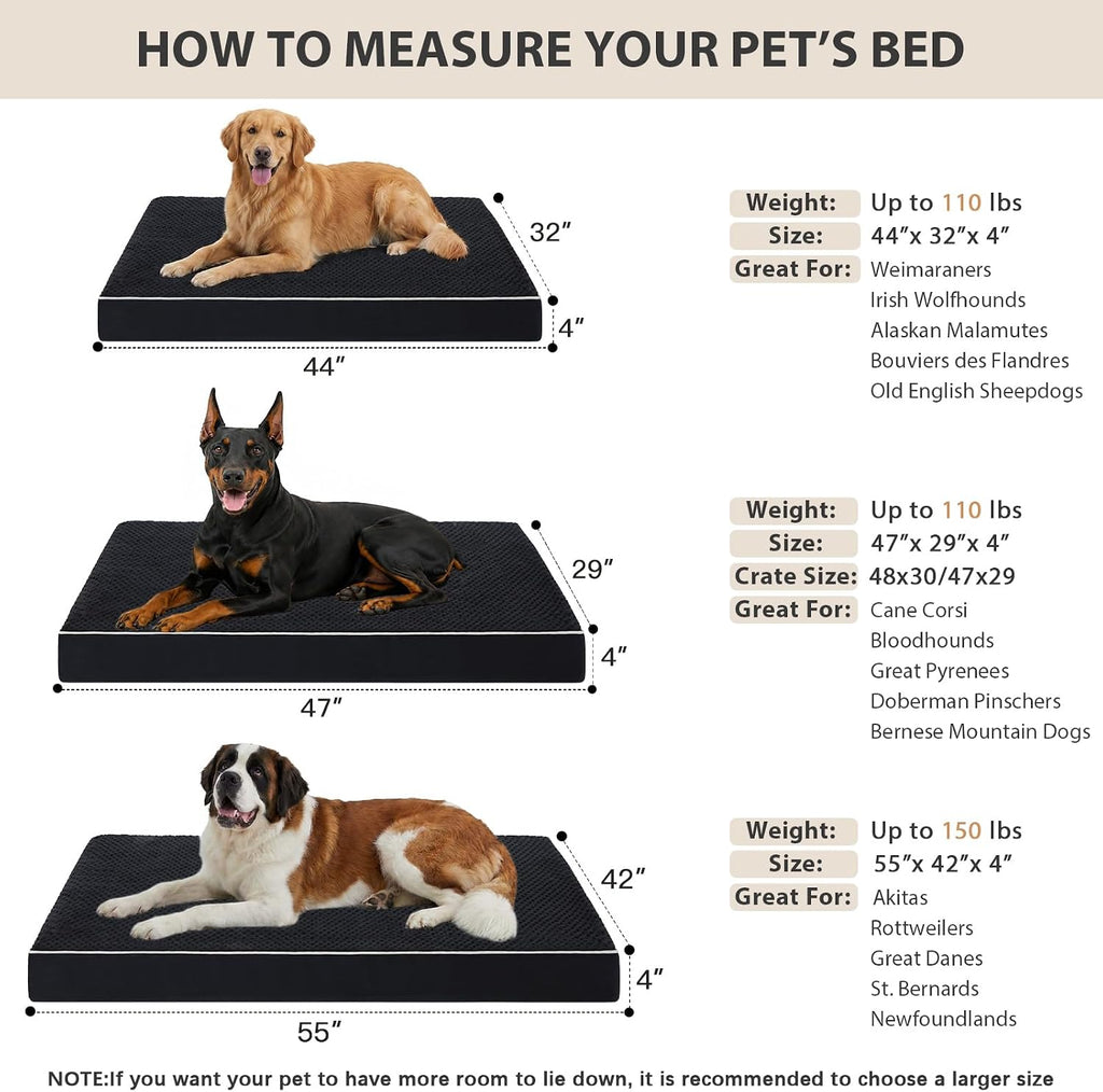 LEXTRO Giant Waterproof Orthopedic Dog Bed for Large Size Dogs, 55x42 Oversized Dog Bed Washable with Removable Washable Cover, Big Comfortable Dogs Mat, Black