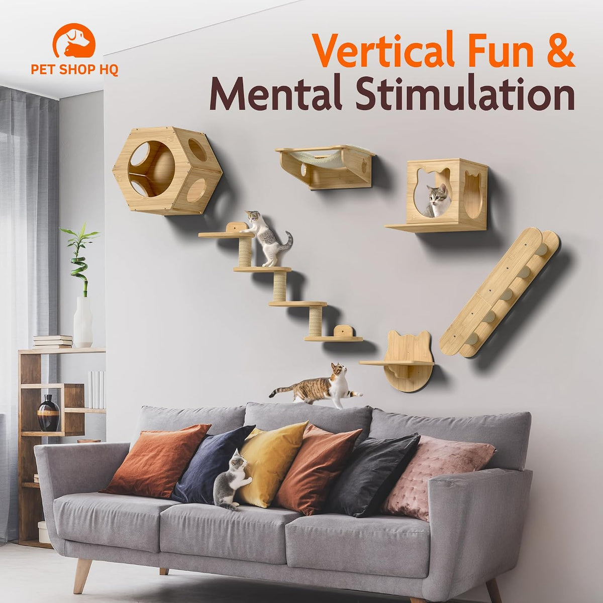 Wall-Mounted Cat Furniture for Climbing - Indoor Wooden Floating Shelves, Perches, Hammock, Bed, Bridges, and Walkways - Different Models Available