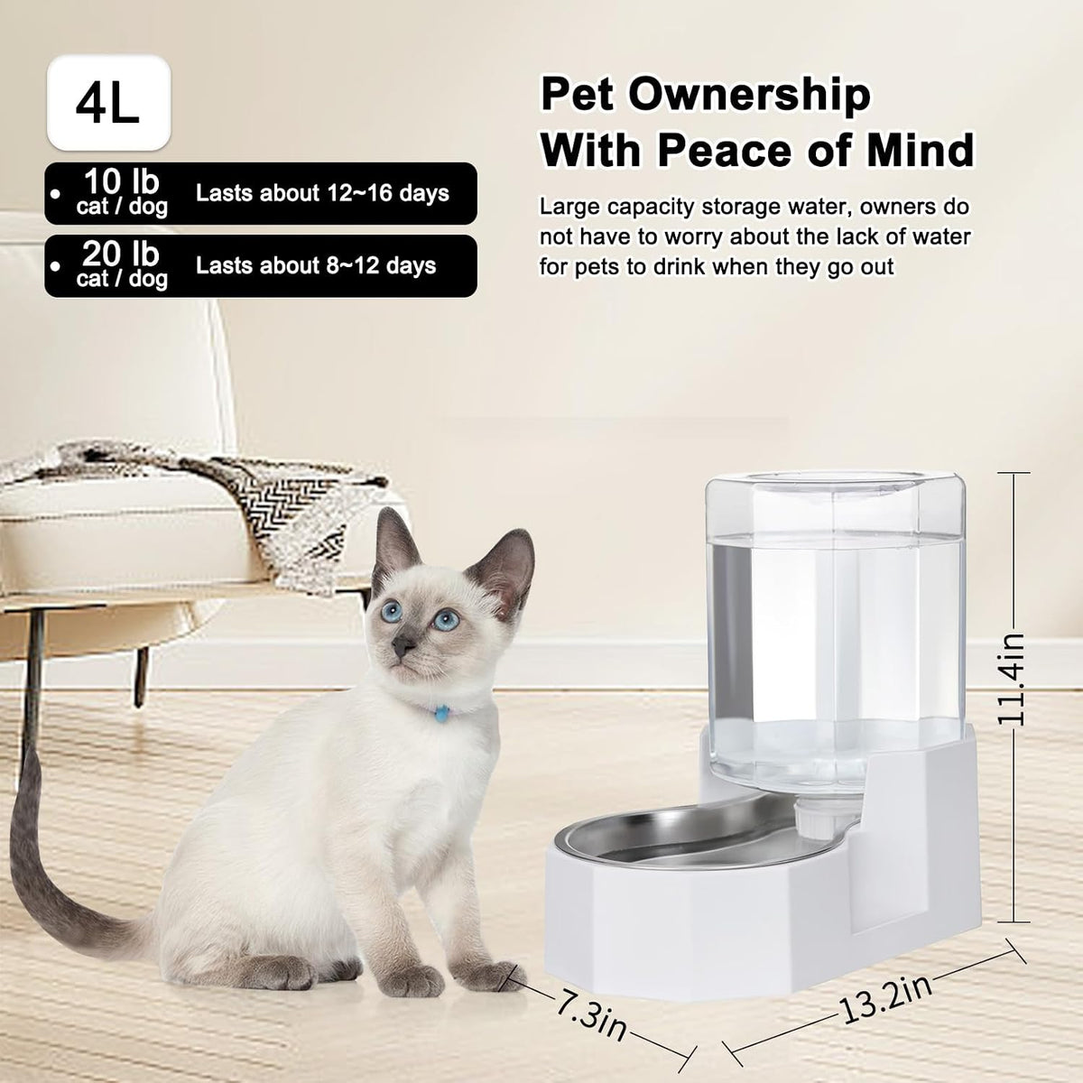 Sfozstra 4L Stainless Steel Gravity Water Dispenser:Cat Bowl