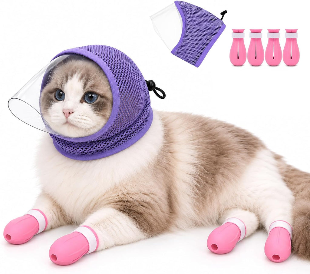 Cat Muzzle for Grooming with 4 Claw Cover, Breathable Cat Helmet for Biting