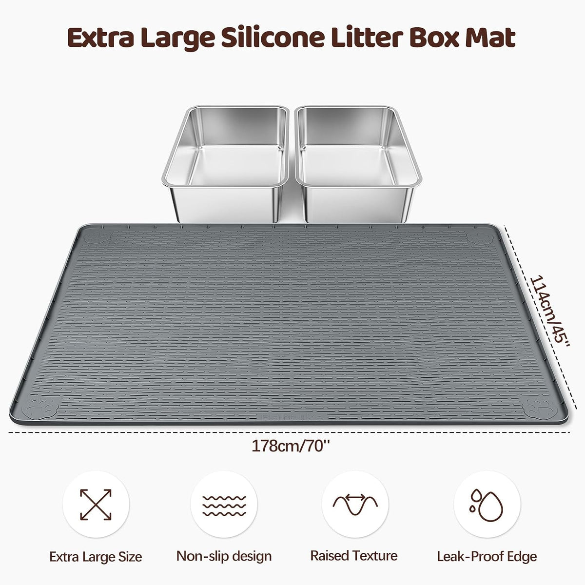 Silicone Cat Litter Mat for Litter Box 70”x45” Large Cat Mat, Dark Grey | Waterproof, Non-Slip, Leak-Proof Rug Mat with Lip, Easy to Clean, Extra Large Litter Catcher Mat for Floor