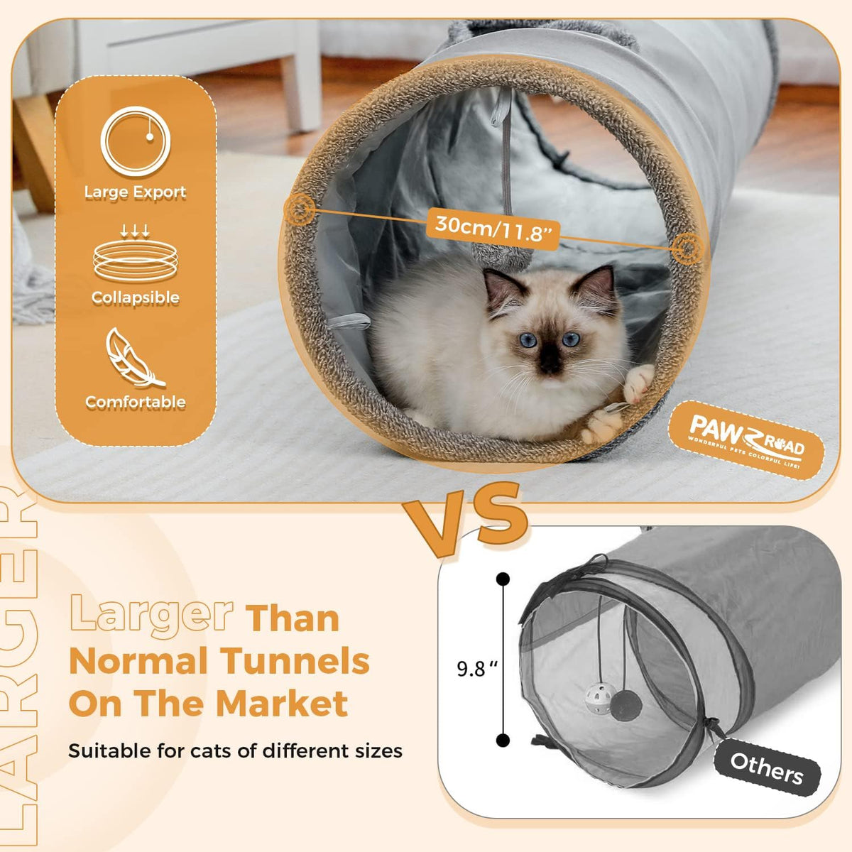PAWZ Road Cat Tunnel 51 Inches Long Cat Toys Collapsible Tunnel 12”Diameter