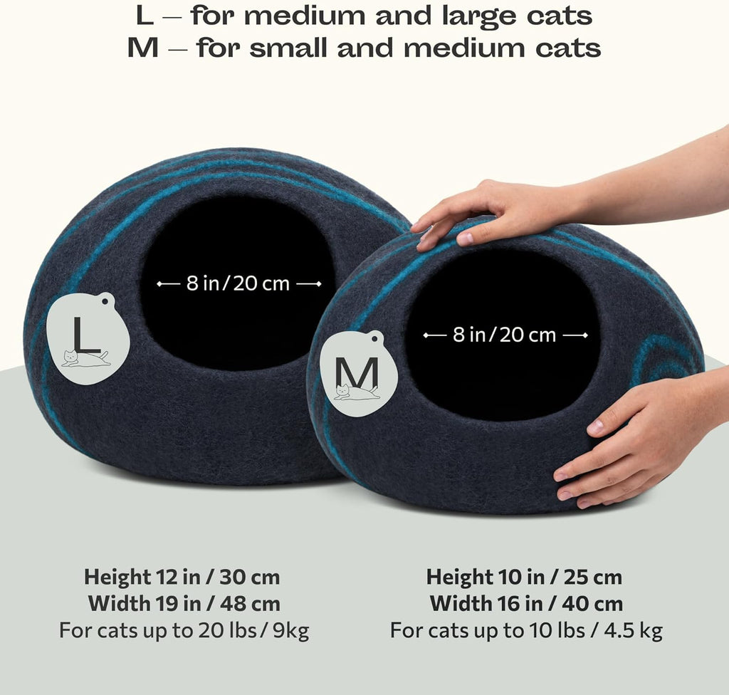 MEOWFIA Cat Cave - New Zealand Wool Bed for Indoor Cats (Black Aqua)