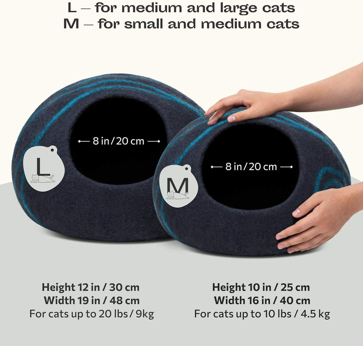 MEOWFIA Cat Cave - New Zealand Wool Bed for Indoor Cats (Black Aqua)