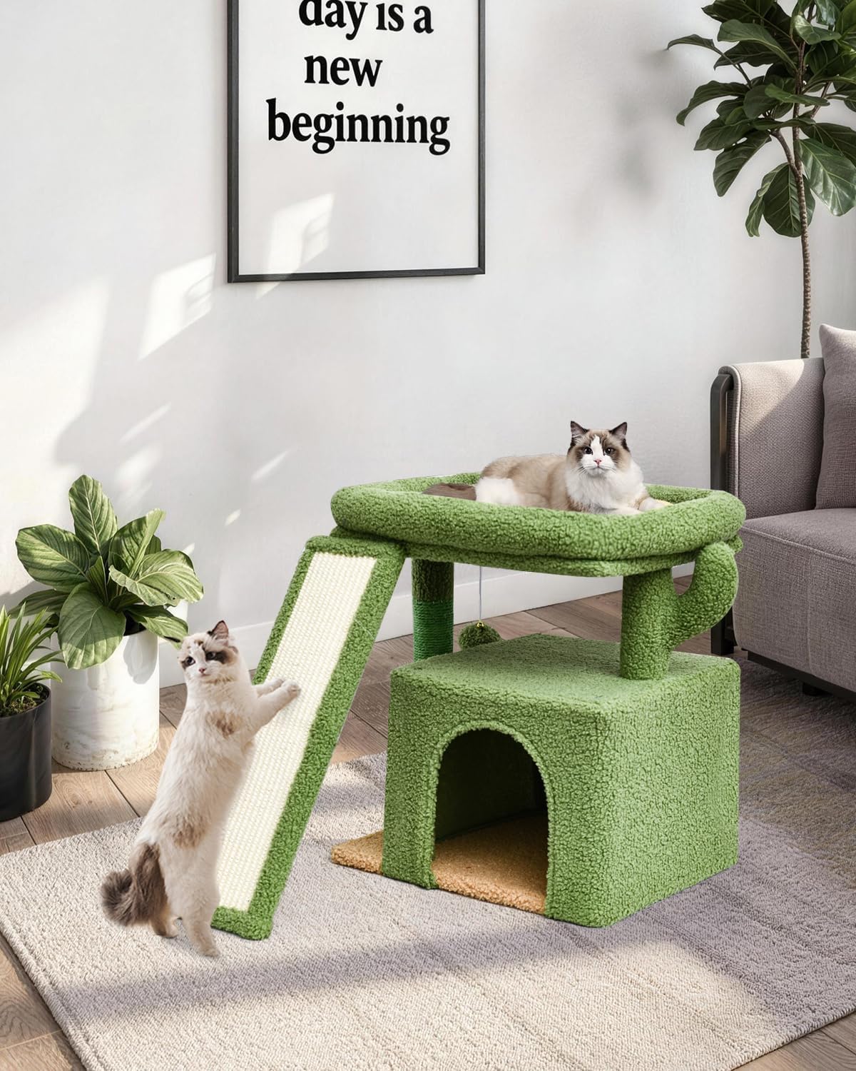 Cactus Cat Tree, Green Cat Tower with Scratching Post for Kittens