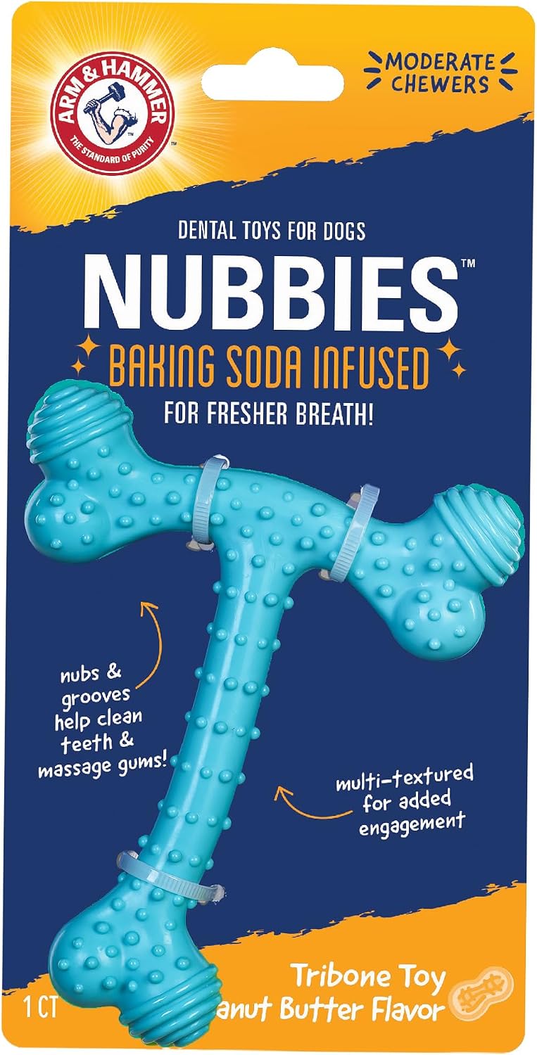 Arm & Hammer Nubbies T-Bone Dental Dog Chew Toy, Peanut Butter, 24-Pk | Durable nylon and TPR nubs clean teeth and gums, built for aggressive chewers