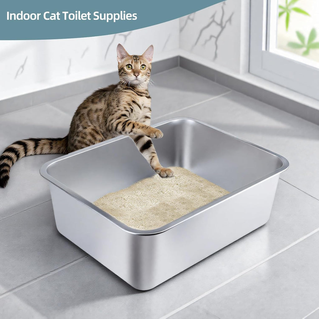 Stainless Steel Cat Litter Box - Medium Litter Box for Cats, Rabbits, and Pets, Non-Stick, Odor-Free, Easy to Clean, Splash-Proof, Sturdy and Durable (17.7" L x 13.8" W x 6" H)