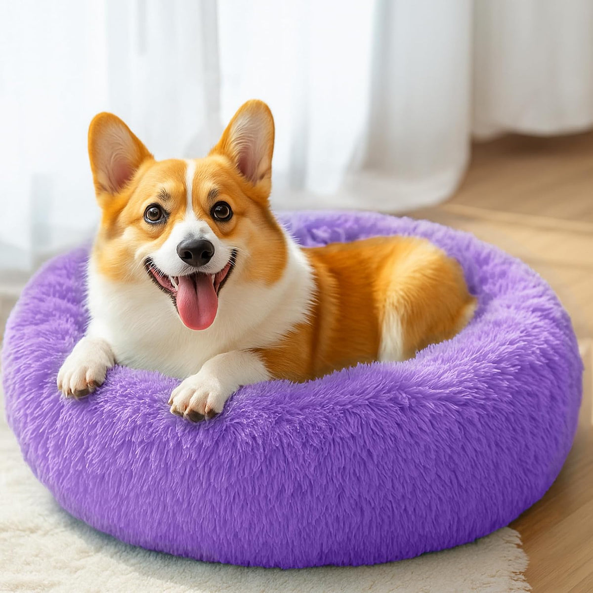 28in Large Dog Bed, Calming Donut Bed for Puppy and Kitten (Purple)