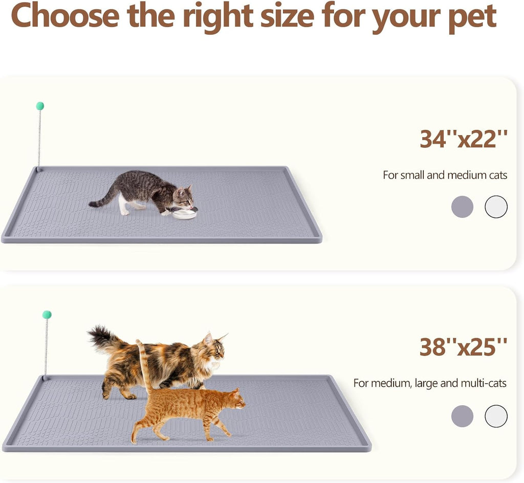 Silicone Cat Litter Box Mat 34'' x 22'' Cat Mat with Toy, Grey