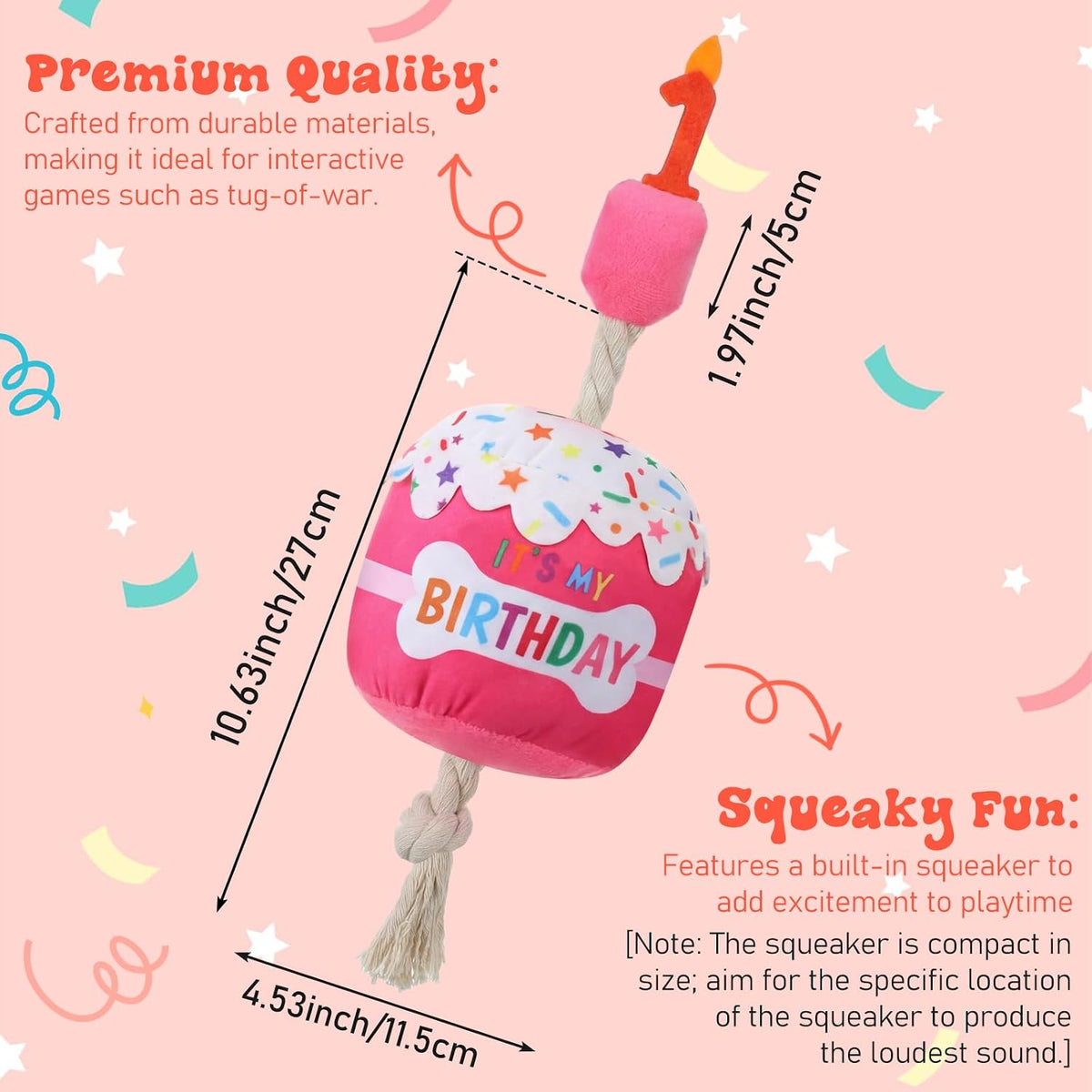 Dansydaisy Dog Birthday Cake Toy Squeaky Plush Gift,1st,Rose Pink | Interactive Squeaky Gift for Dogs, Dog Birthday Decor , Soft Chew for Small Medium Large Pets, Cake Design with Candle