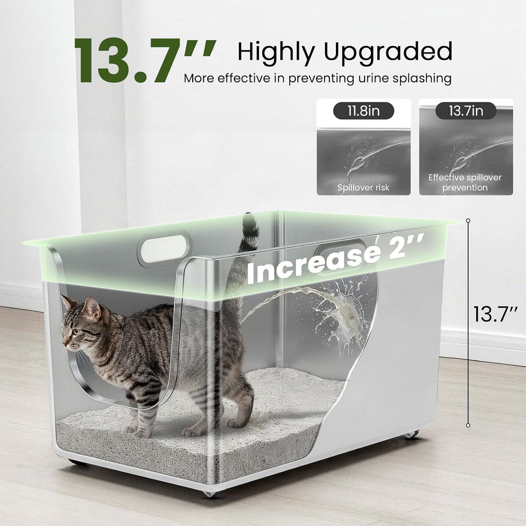 Stainless Steel Litter Box 13.7" High-Side for Big & Multi-Cats Home，White