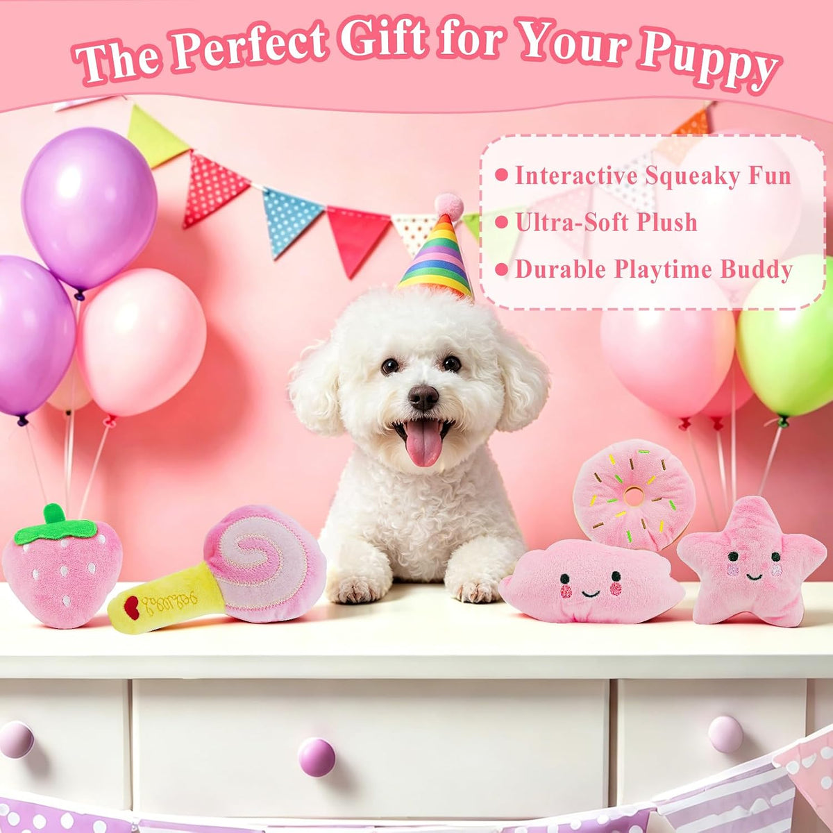 ASOCEA Small Dog Toys 5 Pack, Squeaky Plush Puppy Toys,Pink | Soft Cute Interactive Chew Teething Toys for Small Breed Dogs