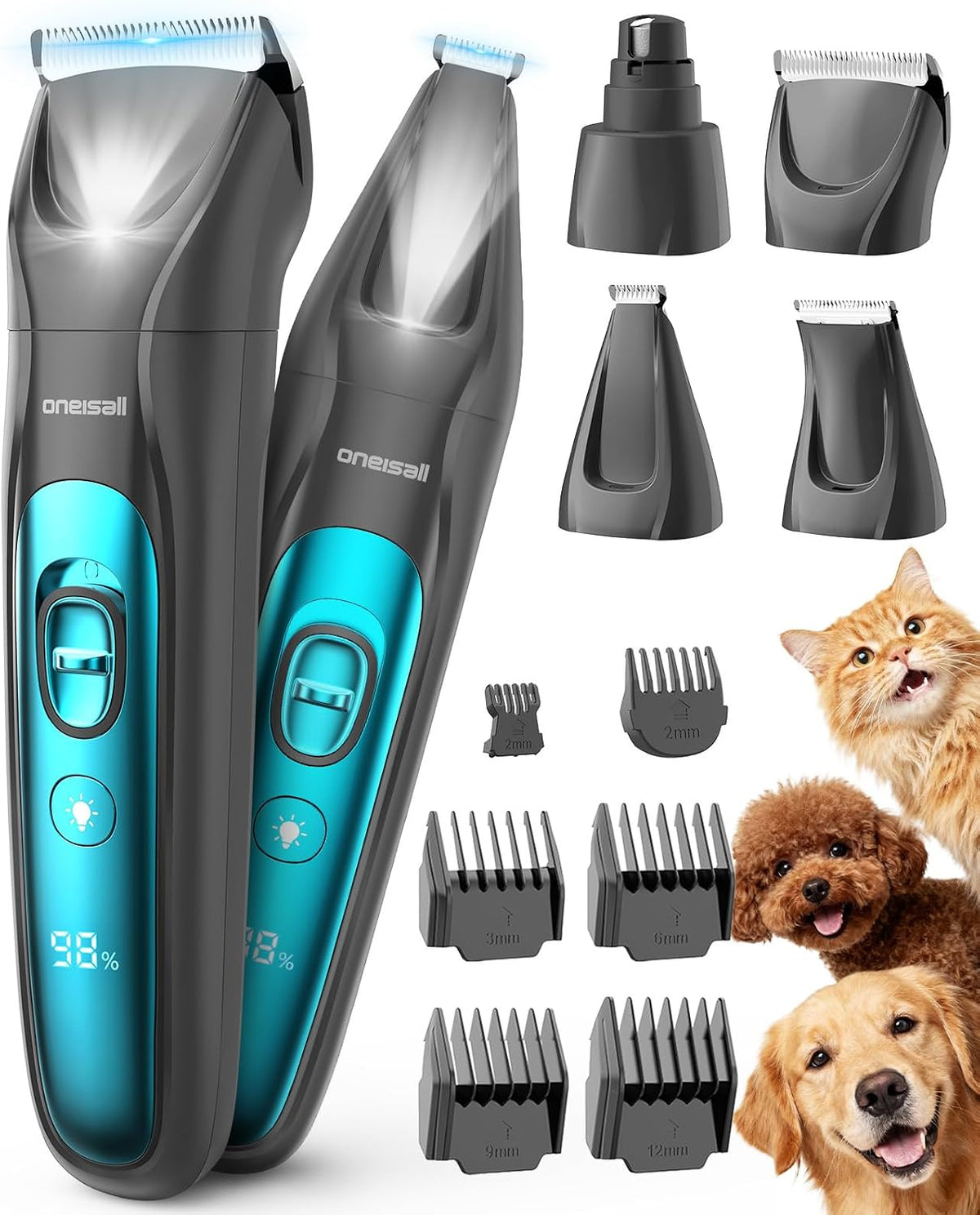 oneisall Professional 4-in-1 Dog Grooming Kit with LED Light