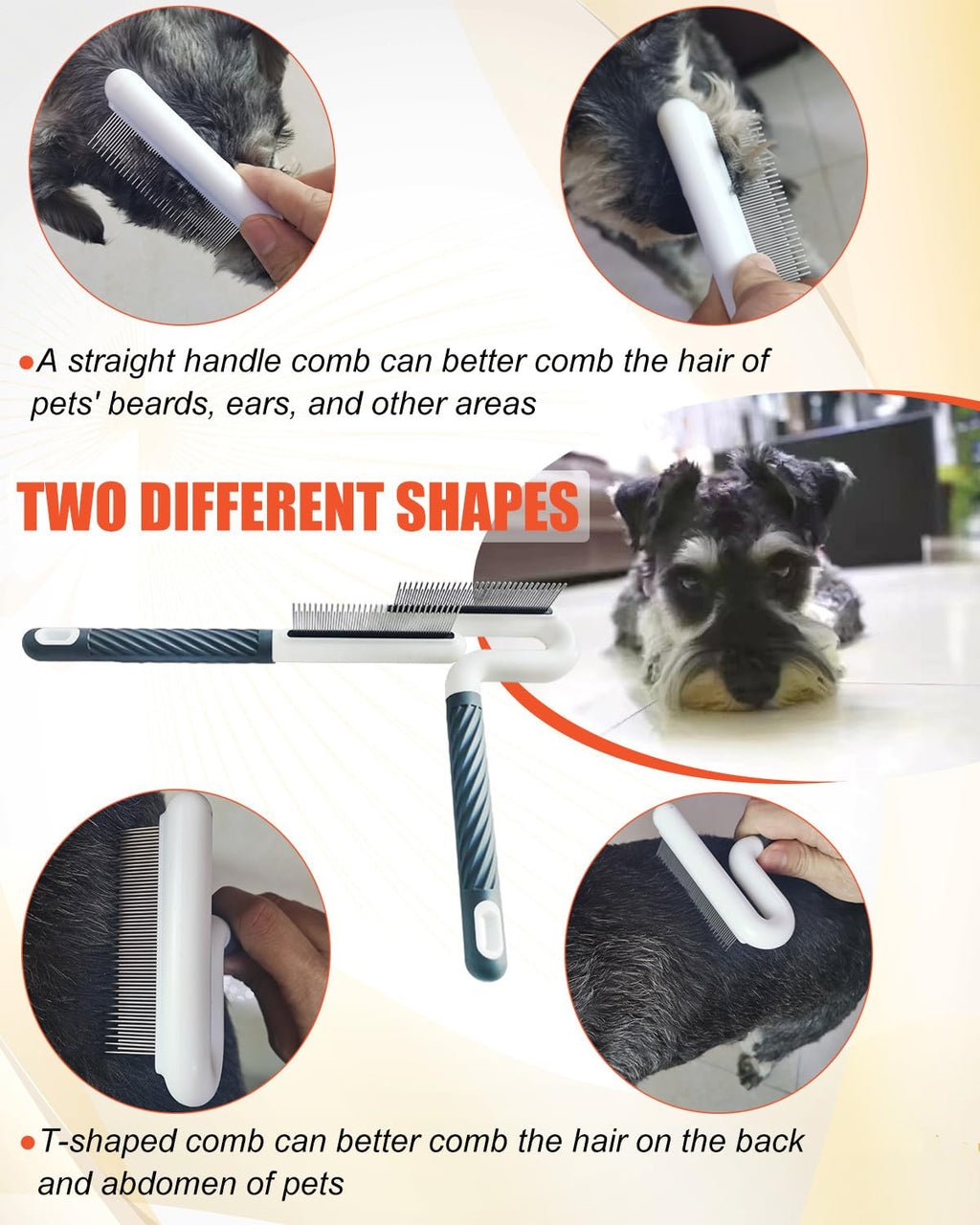 2 PCS Pet Comb with Long & Short Stainless Steel Teeth,Flea and Tick Comb for Dogs & Cats,Pet Grooming Brush for Short&Long Hair,2 different shapes with Rubber Handle