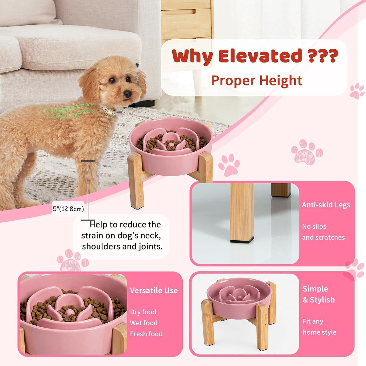 Elevated Slow Feeder Dog Bowl, 6.7" Ceramic Maze Dog Bowl with Stand