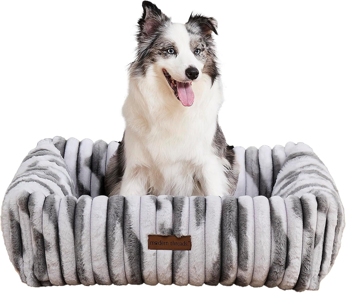 Modern Threads Ribbed Plush Two-Tone Cuddler Dog Bed, Ultra-Soft Faux Rabbit Fur, Supportive Bolstered Sides, Removable Washable Cover, Bed for Medium Dogs, Silver, (28" L x 21" W x 9" Th)