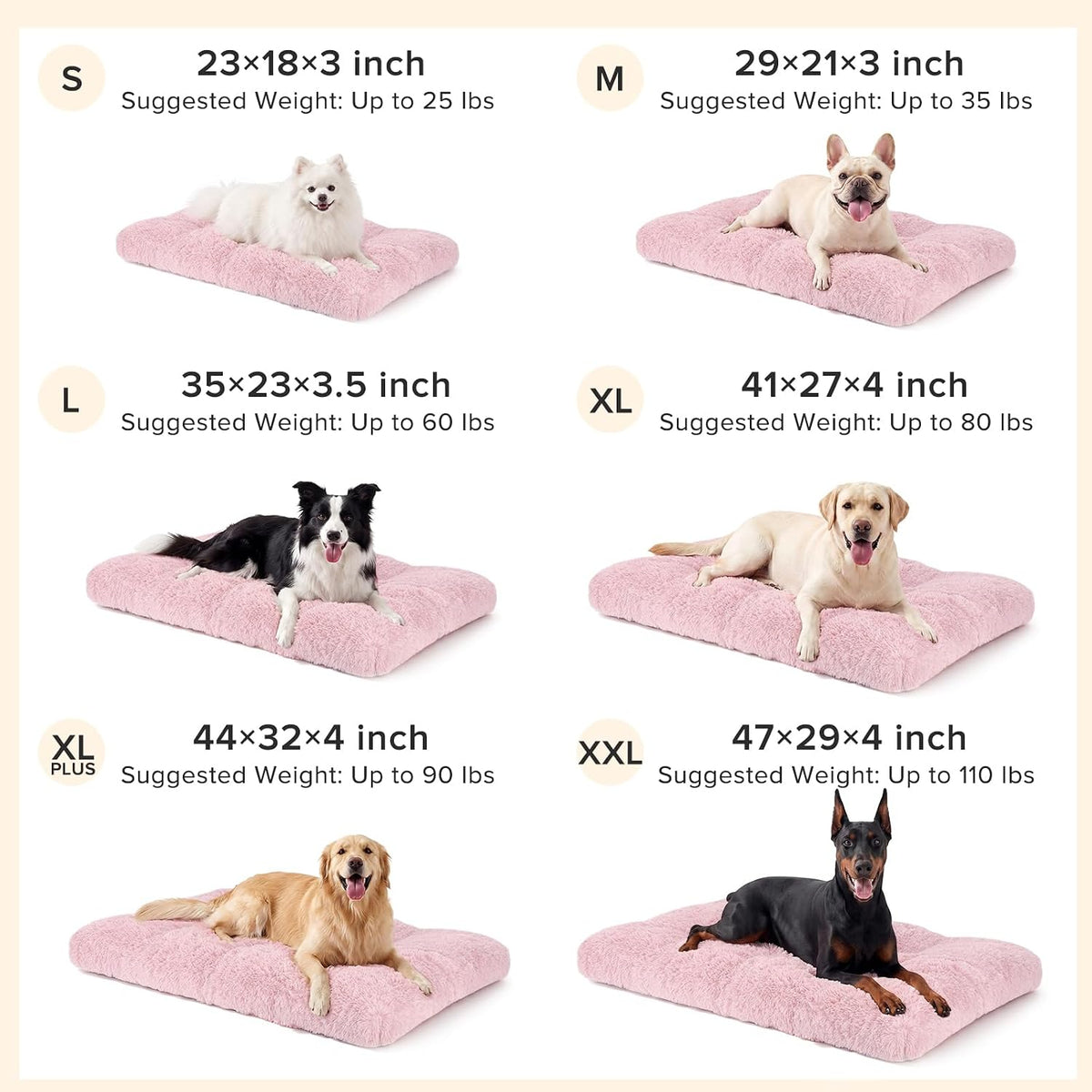 JOEJOY Dog Bed Crate Pad, Deluxe Plush Washable Dog Beds Fulffy Soft Kennel Pad Anti-Slip Pet Sleeping Mat for Small Dogs，23" x 18", Pink
