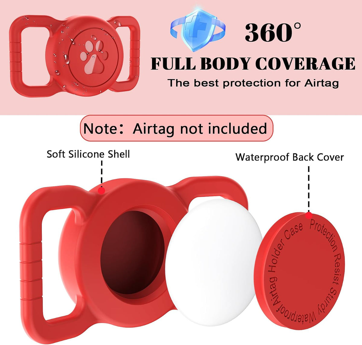SANKALA [1 Pack] Waterproof Dog Airtag Holder, Red