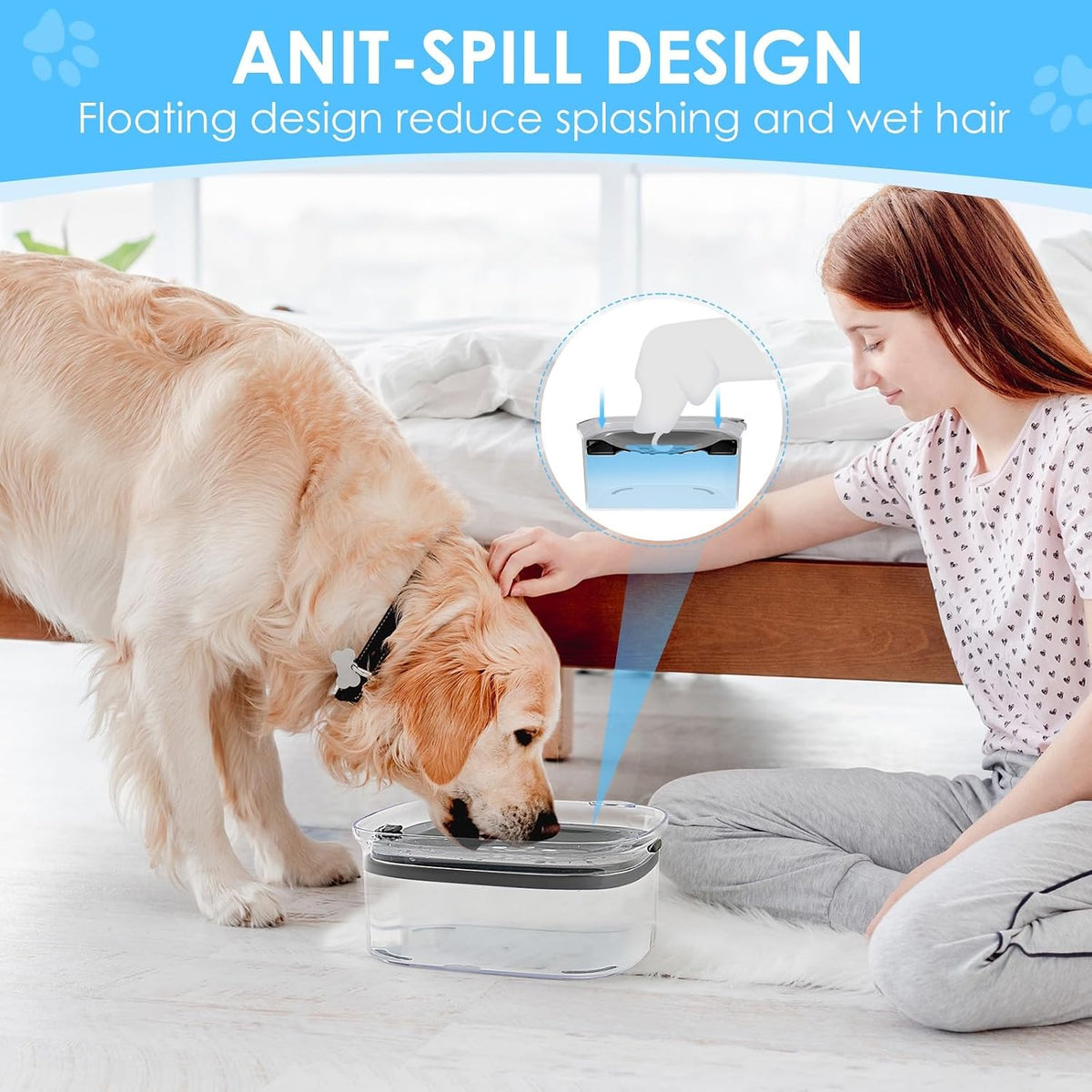 AONKEY 3L No Spill Dog Water Bowl with Slow Drinking Disk(Gray)