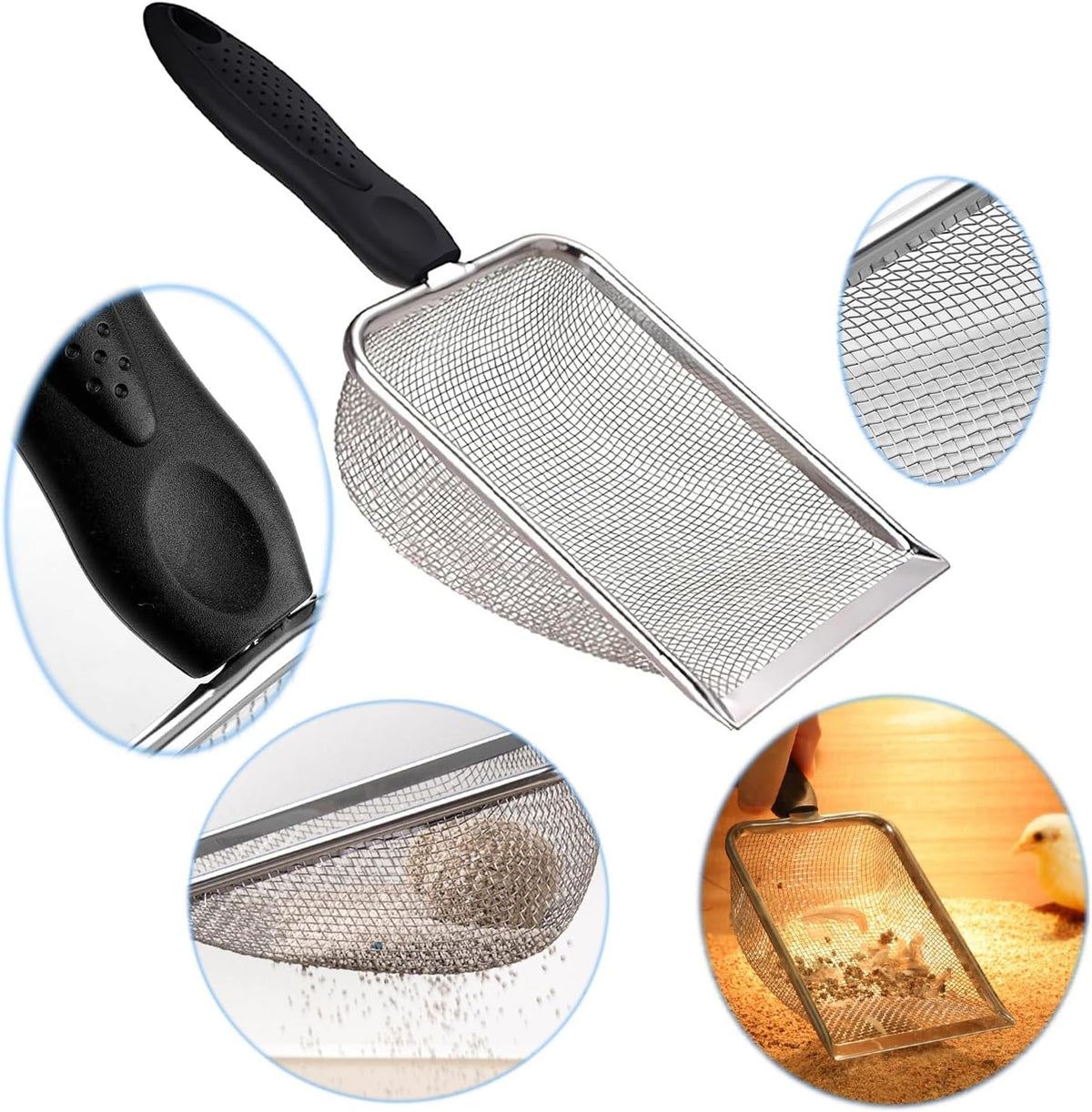 Cat Litter Scoop, Stainless Steel Cats Sturdy Mesh Scooper Kitty Metal Scooper Long Handle Scooper Shovel Sifter for All Litter Types Metal Cat Scooper for Litter Box (2mm fine meash cat litter scoop)