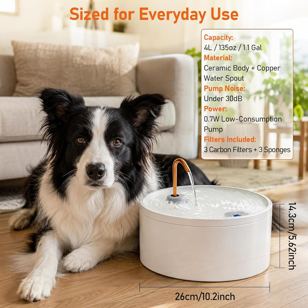 MISFANS Ceramic Dog Water Fountain, All-Ceramic Body, Pure Copper Spout