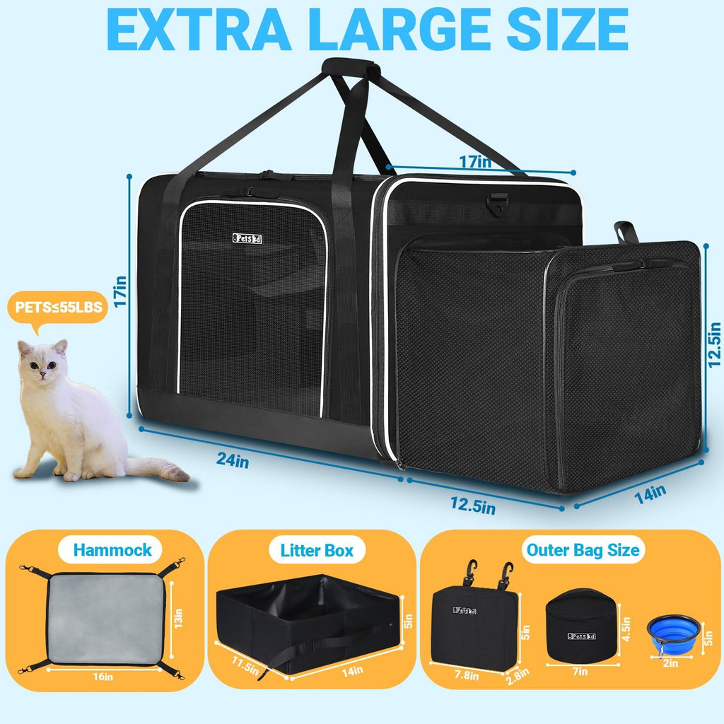 Petskd Side Expandable Extra Large Cat Carrier with Litter Box and Wheels