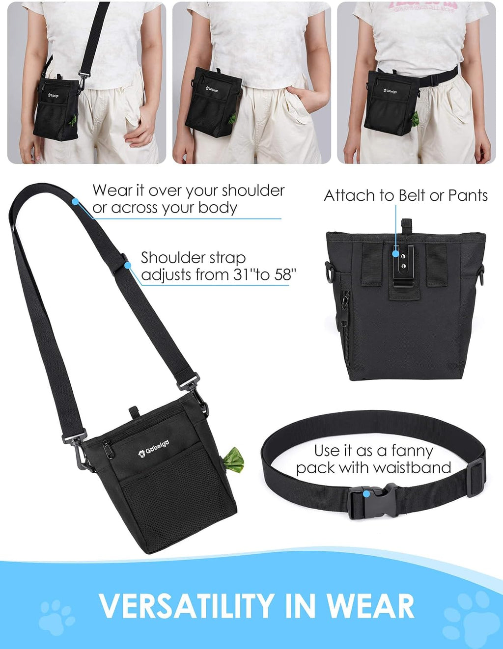 Gobeigo 4 Cup Dog Treat Pouch with Silicone Insert Bag& Clicker(Black)
