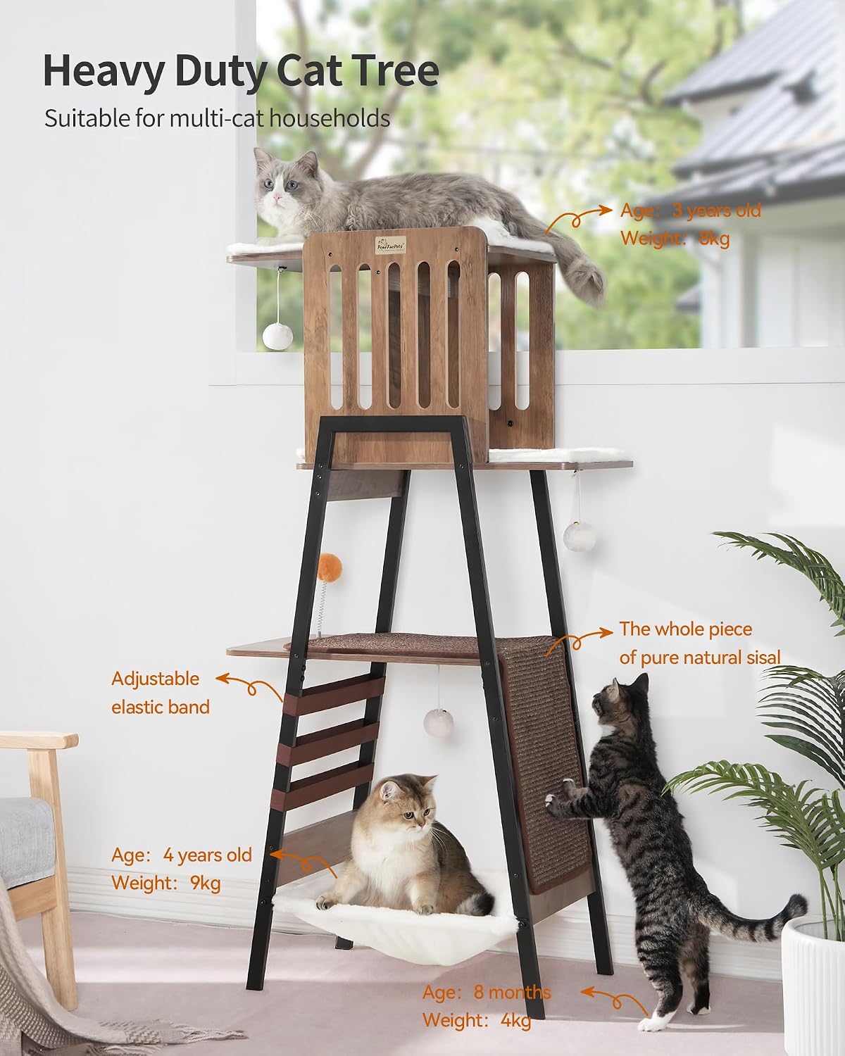 FourFurPets Modern Cat Tree, 58-Inch Cat Tower for Large Cats, Big Hammock