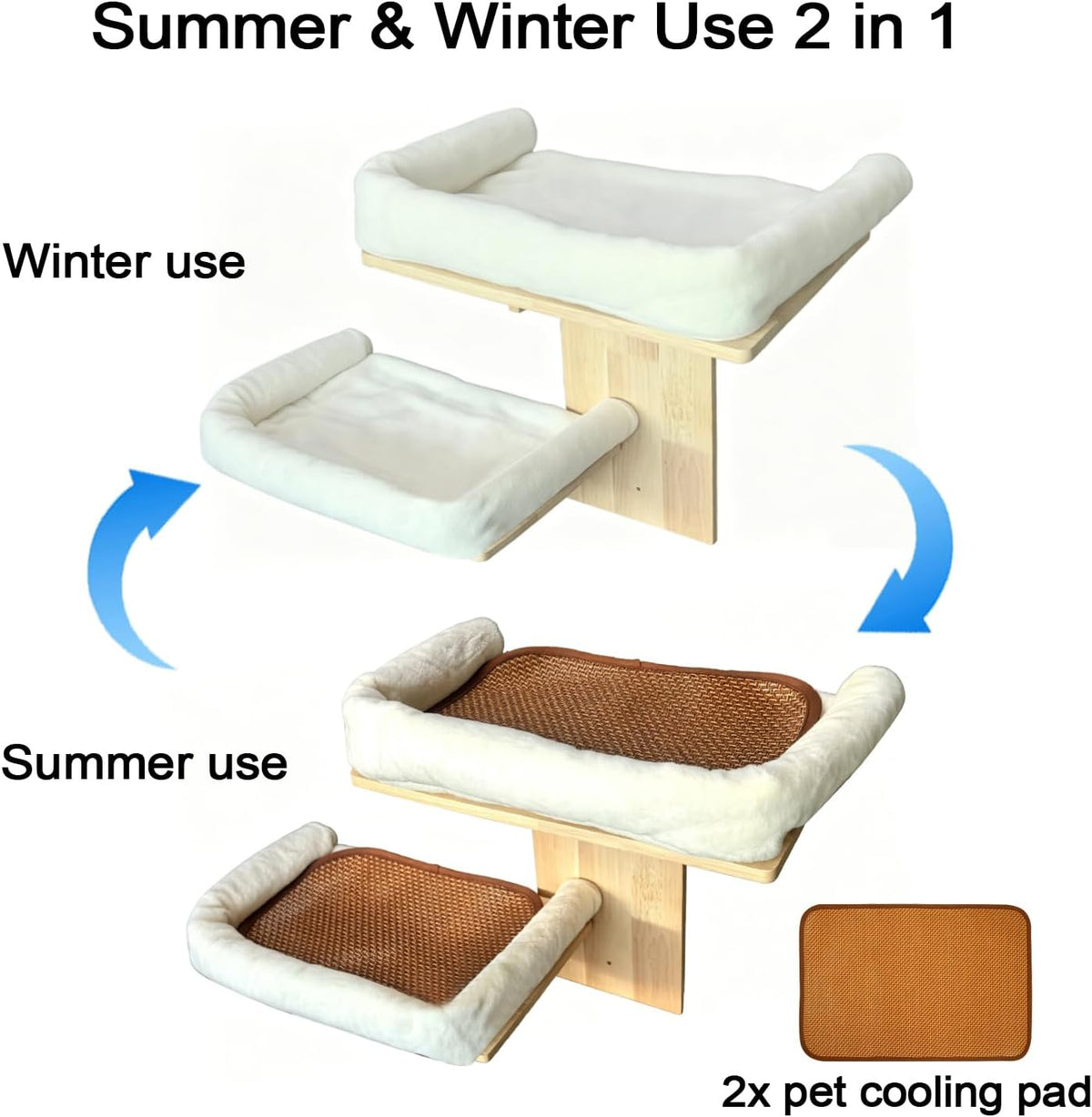 Cat Wall Shelves with Cat Bed 2 in 1 Furniture with Soft Cushion Perch & Pet Cooling Mat 2 Platform Climbing Wall Systems Tree Tower for Indoor Cats Rubber Wood Corner Floating Shelf