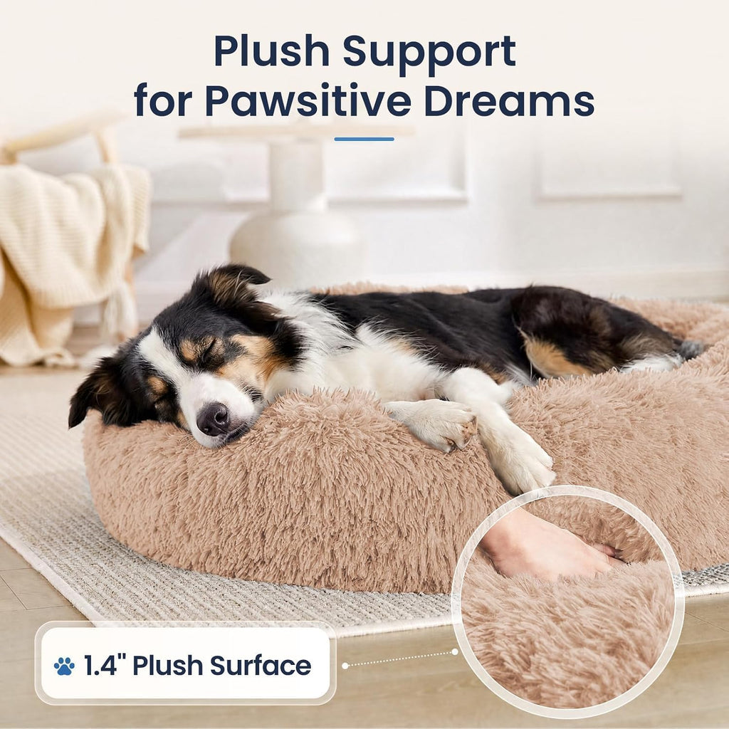 JOLLYVOGUE Calming Washable Dog Beds Large Sized Dog, 36inch Donut Large Dog Bed with Removable Cover, Anti-Slip Round Fluffy Faux Fur Bed, Fits up to 80 lbs Pets, Camel