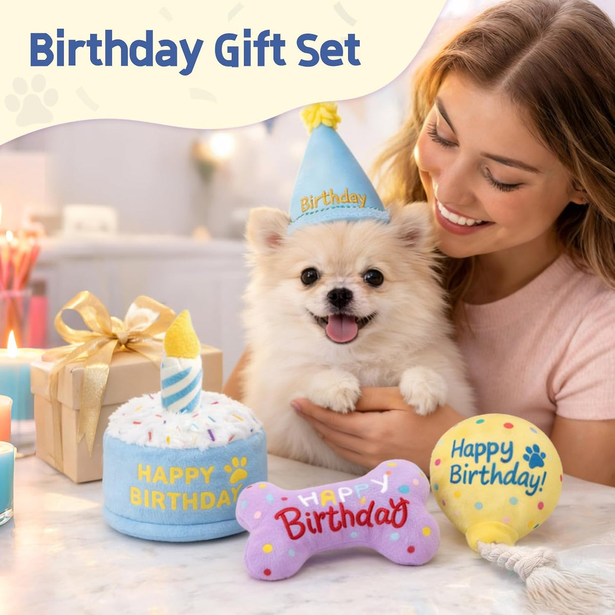 3-Pack Dog Birthday Toys | Crinkle Cake Toy, Rope Balloon and Squeaky Bone, Birthday Gift Set, for Small and Medium Dogs