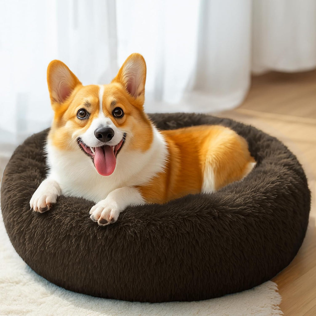 28in Large Dog Bed, Calming Donut Bed for Puppy and Kitten (Coffee)